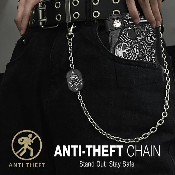 Skull Leather Wallet Gothic Chain Design with Studded Edge - Picture 6 of 7